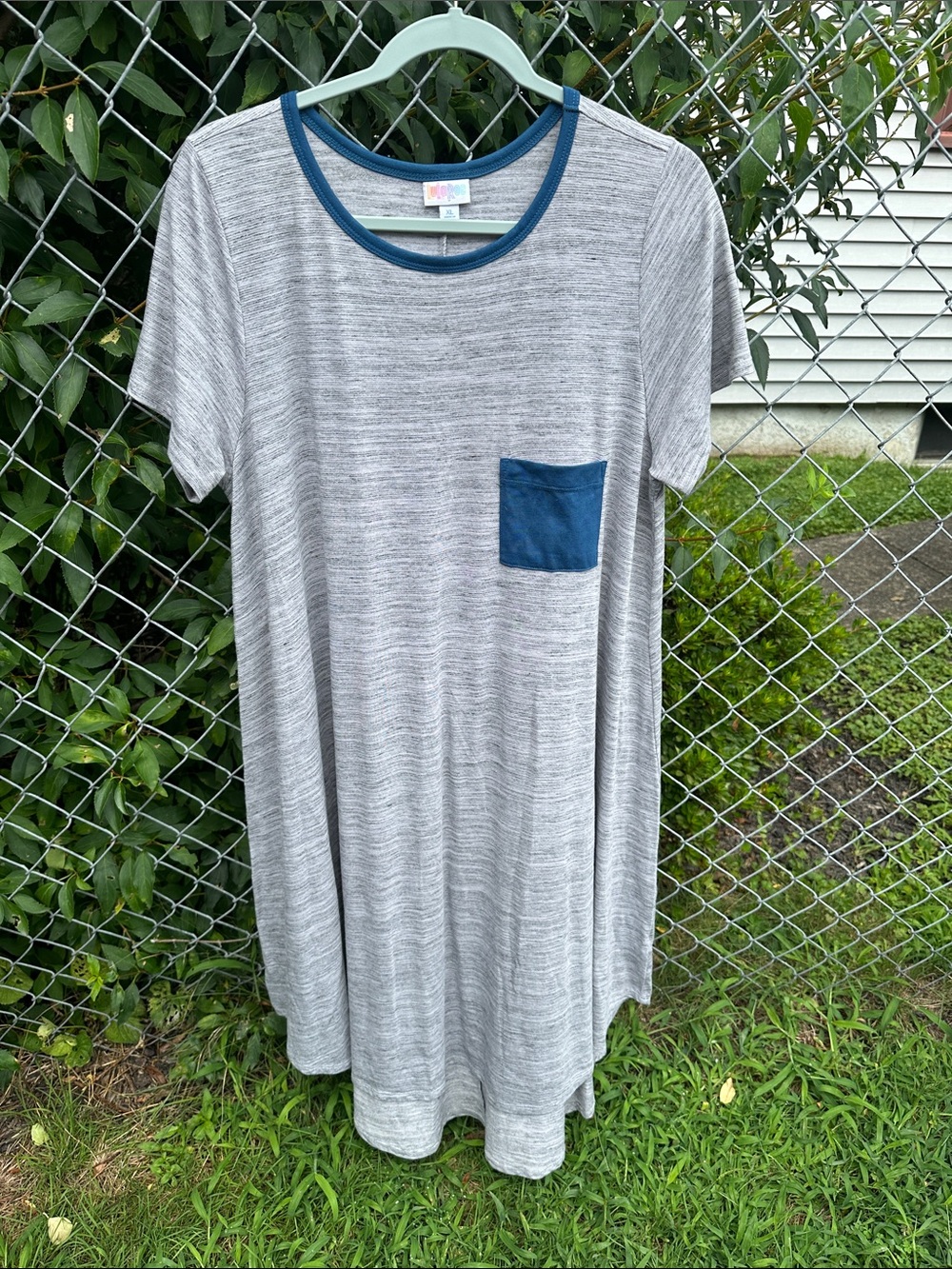 LuLaRoe Heather Gray Tee Dress with Blue Trim and Pocket